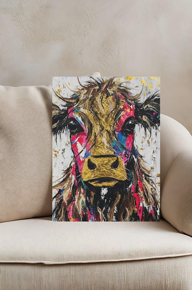 Colorful Cow Wall Art | Modern Farmhouse Kitchen Decor | Highland Cow Painting | Eclectic Canvas Print — Framed Print wall