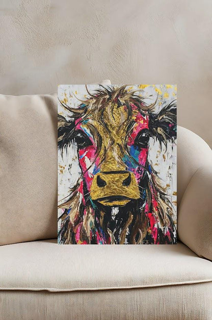Colorful Cow Wall Art | Modern Farmhouse Kitchen Decor | Highland Cow Painting | Eclectic Canvas Print — Framed Print wall