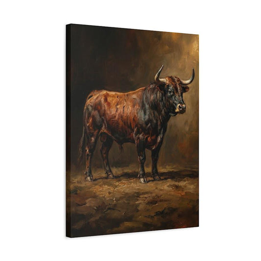 Vintage Bull Wall Art | Rustic Animal Decor | Moody Farmhouse Print | Large Cattle Portrait — Canvas wall art