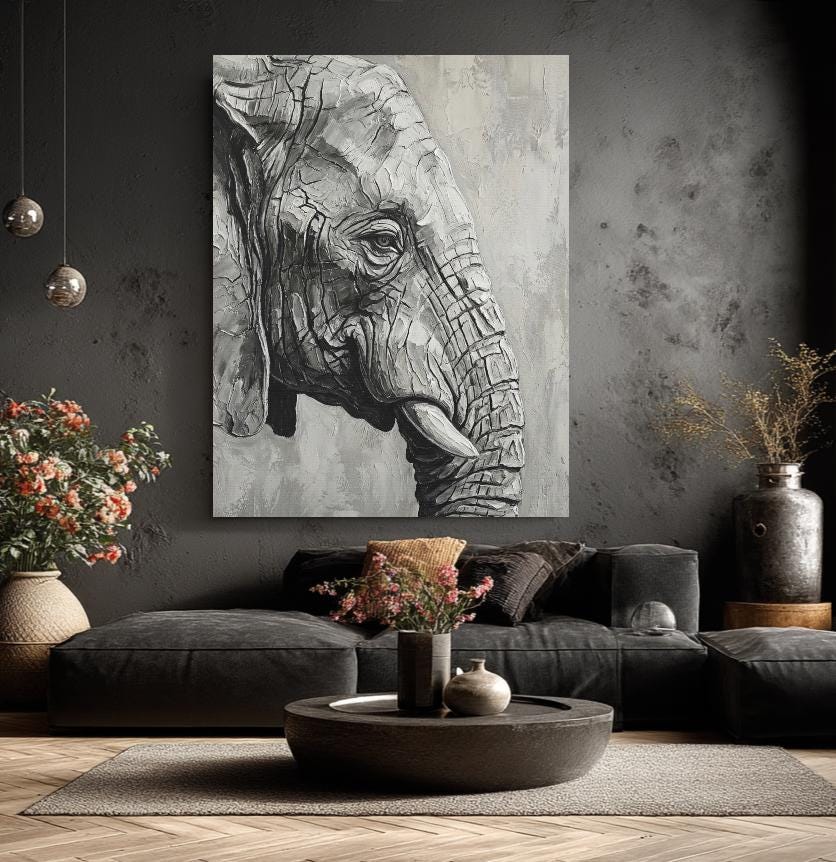Grey Elephant Impasto Art | Modern Safari Print — Framed Print wall art