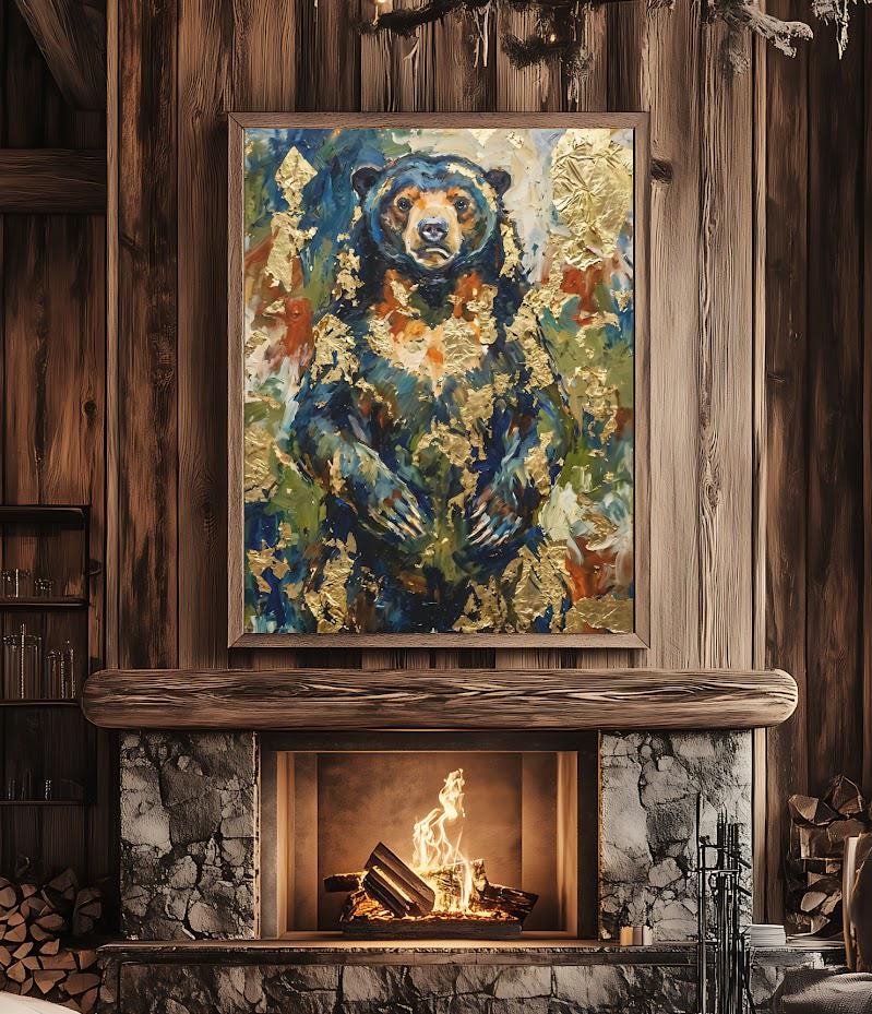 Abstract Bear Wall Art | Gold Leaf Oil Painting | Modern Cabin Decor | Moody Forest Animal Print | Luxury Lodge — Framed