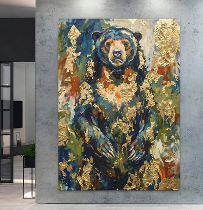 Abstract Bear Wall Art | Gold Leaf Oil Painting | Modern Cabin Decor | Moody Forest Animal Print | Luxury Lodge — Framed