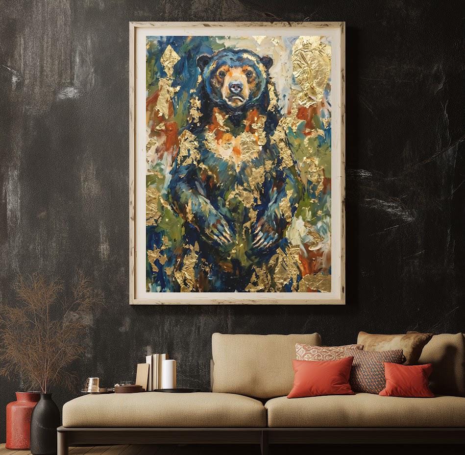 Abstract Bear Wall Art | Gold Leaf Oil Painting | Modern Cabin Decor | Moody Forest Animal Print | Luxury Lodge — Framed