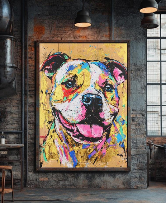 Colorful Pitbull Art | Abstract Pet Print | Gold Dog Painting | American Bully Decor | Gift for Pitbull Mom — Poster wall art