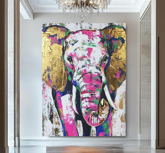 Colorful Elephant Wall Art | Abstract Safari Print | Gold Foil Animal | Maximalist Room Decor | Jungle Painting — Poster wall
