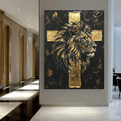 Lion of Judah Gold Cross Canvas Print | Christian Wall Art — Framed Print wall art