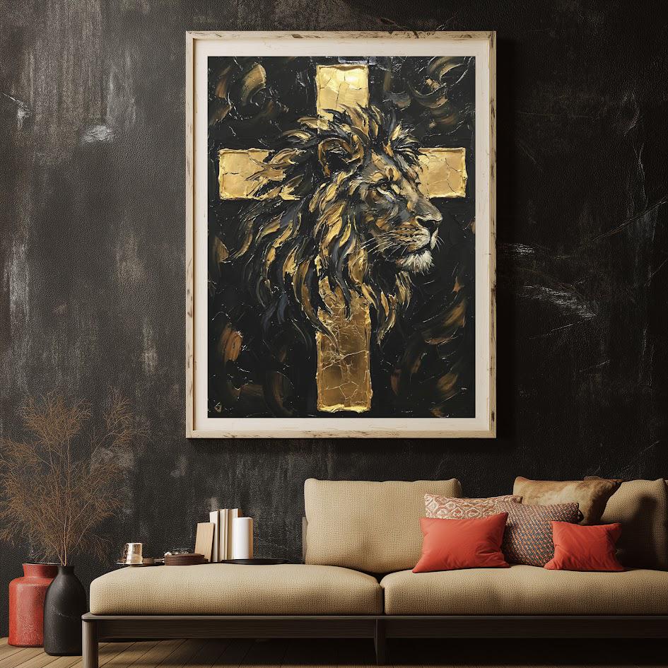Lion of Judah Gold Cross Canvas Print | Christian Wall Art — Framed Print wall art