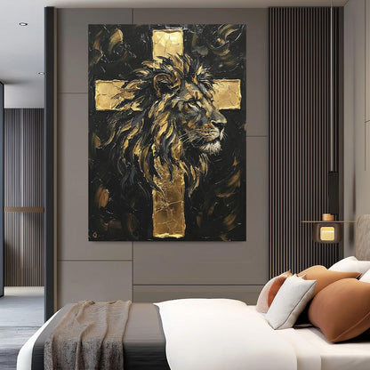 Lion of Judah Gold Cross Canvas Print | Christian Wall Art — Framed Print wall art