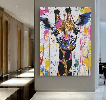 Colorful Giraffe Wall Art | Abstract Pop Art Print | Safari Animal | Graffiti Splatter Painting | Dopamine Decor — Framed