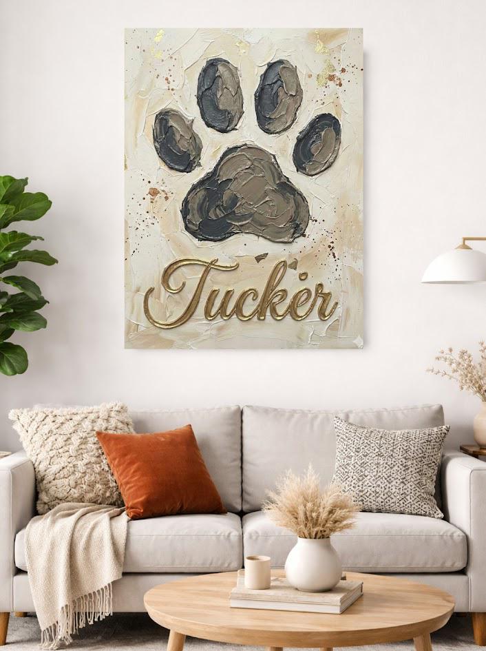 Personalized Dog Paw Print Canvas, Gold Name Pet Memorial Art — Framed Print wall art