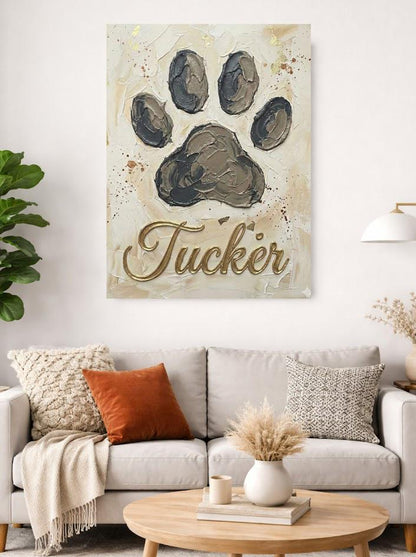Personalized Dog Paw Print Canvas, Gold Name Pet Memorial Art — Framed Print wall art