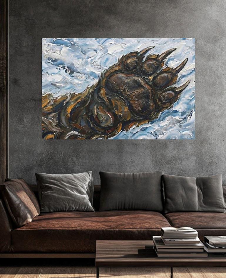Grizzly Bear Paw Wall Art | Mountain Landscape Oil Painting | Modern Rustic Cabin Decor | Western Wildlife Gift for Him —