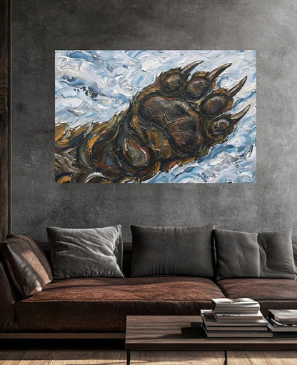 Grizzly Bear Paw Wall Art | Mountain Landscape Oil Painting | Modern Rustic Cabin Decor | Western Wildlife Gift for Him —