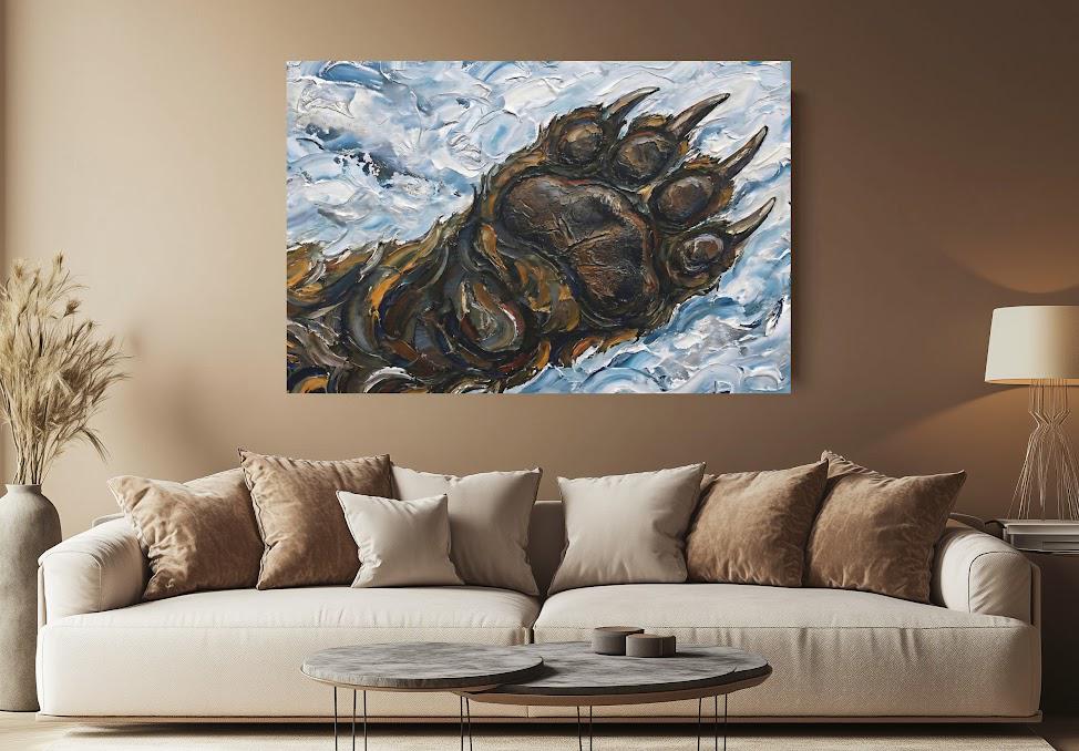 Grizzly Bear Paw Wall Art | Mountain Landscape Oil Painting | Modern Rustic Cabin Decor | Western Wildlife Gift for Him —
