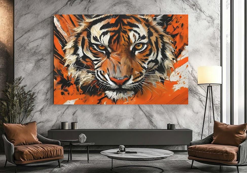 Bengal Tiger Wall Art | Wildlife Canvas or Poster Print for Living Room | Abstract Animal Painting — Framed Print wall art