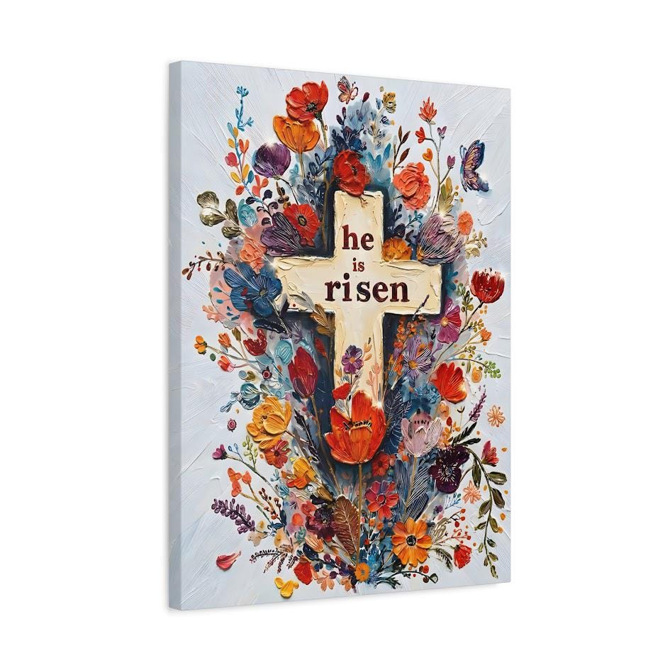 Floral Cross 'He is Risen' Easter Print, Christian Wall Art — Canvas wall art