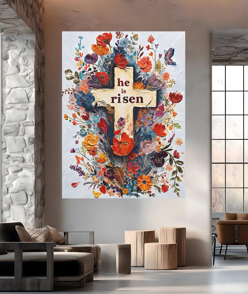 Floral Cross 'He is Risen' Easter Print, Christian Wall Art — Framed Print wall art