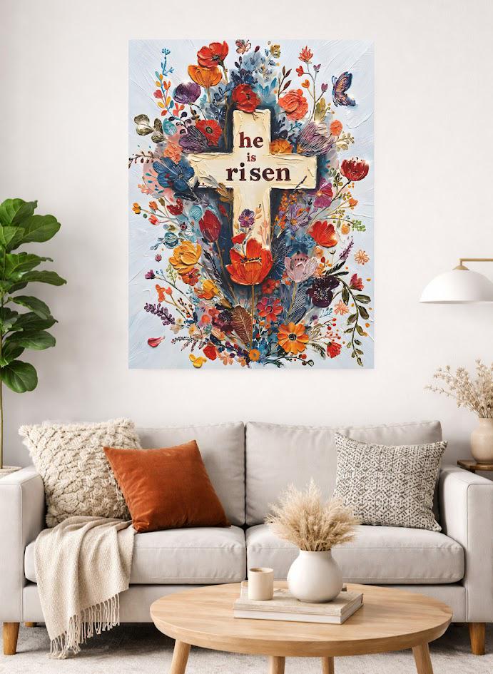 Floral Cross 'He is Risen' Easter Print, Christian Wall Art — Framed Print wall art