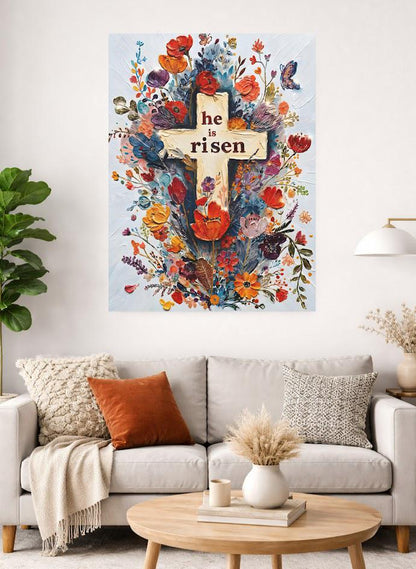 Floral Cross 'He is Risen' Easter Print, Christian Wall Art — Framed Print wall art