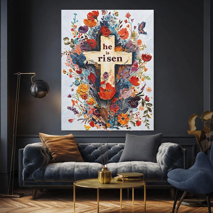 Floral Cross 'He is Risen' Easter Print, Christian Wall Art — Framed Print wall art