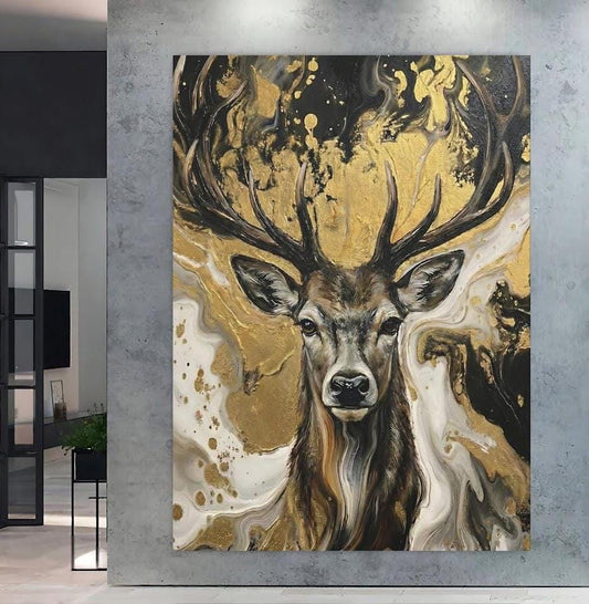 Gold Stag Head Wall Art, Abstract Deer Painting, Modern Industrial Loft Decor, Black & Gold Canvas Print — Poster wall art