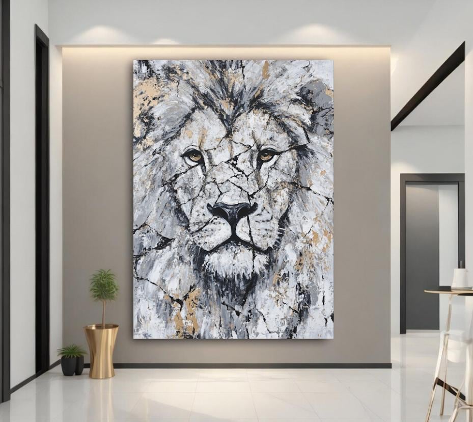 Abstract Lion Wall Art | White Gold Wildlife Canvas or Poster Print — Canvas wall art