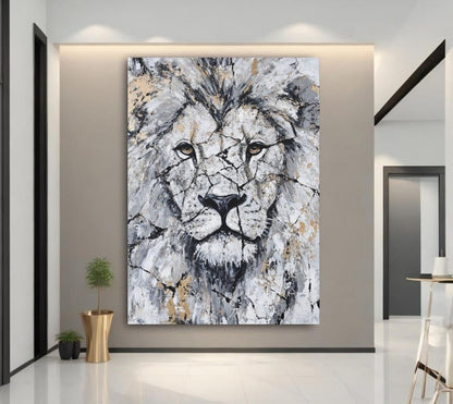 Abstract Lion Wall Art | White Gold Wildlife Canvas or Poster Print — Canvas wall art
