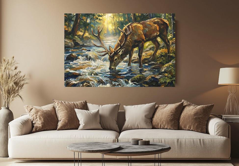 Deer in Forest Canvas or Poster, Traditional Wildlife Art Print — Framed Print wall art
