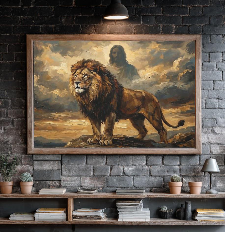 Lion of Judah Jesus Clouds Canvas Art, Majestic Prophetic Christian Wall Decor — Framed Print wall art