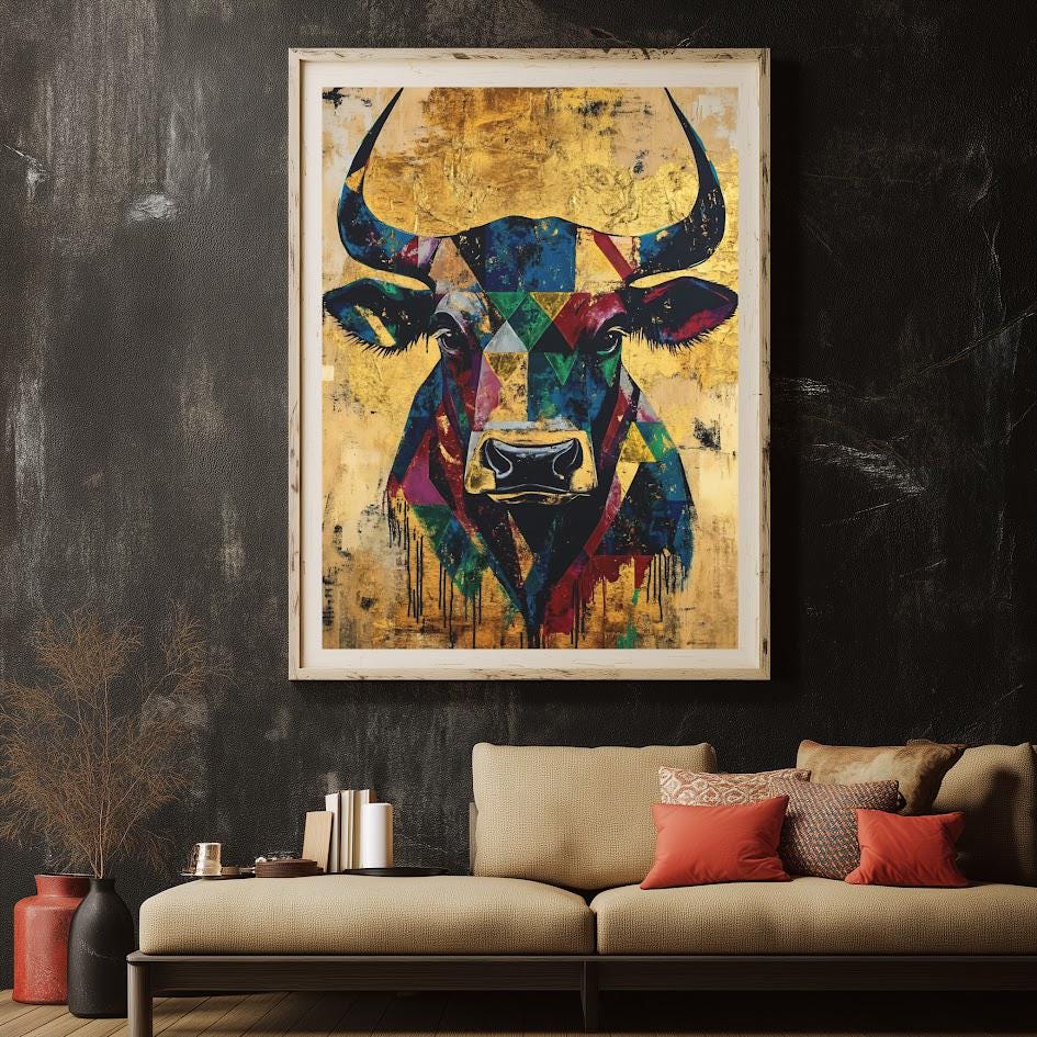 Geometric Bull Head Wall Art, Modern Western Decor for Southwest Living Room, Farmhouse Painting, Stock Trader Gift — Framed