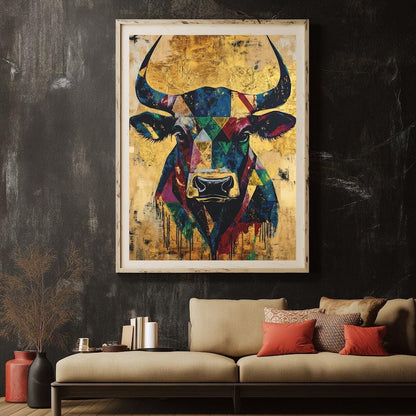Geometric Bull Head Wall Art, Modern Western Decor for Southwest Living Room, Farmhouse Painting, Stock Trader Gift — Framed