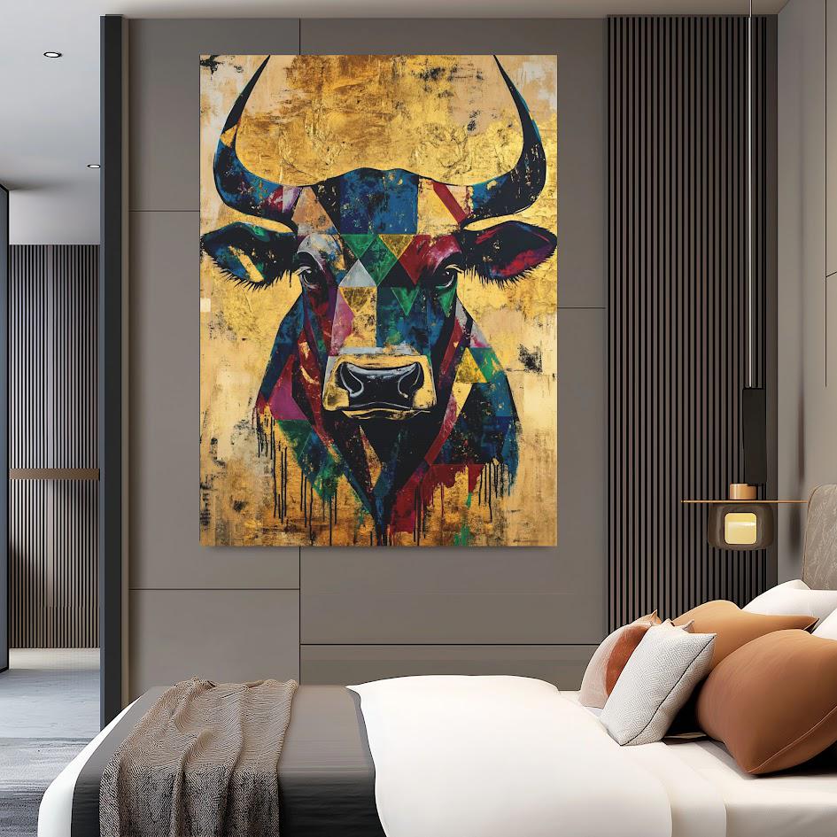 Geometric Bull Head Wall Art, Modern Western Decor for Southwest Living Room, Farmhouse Painting, Stock Trader Gift — Framed