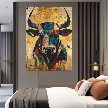 Geometric Bull Head Wall Art, Modern Western Decor for Southwest Living Room, Farmhouse Painting, Stock Trader Gift — Framed
