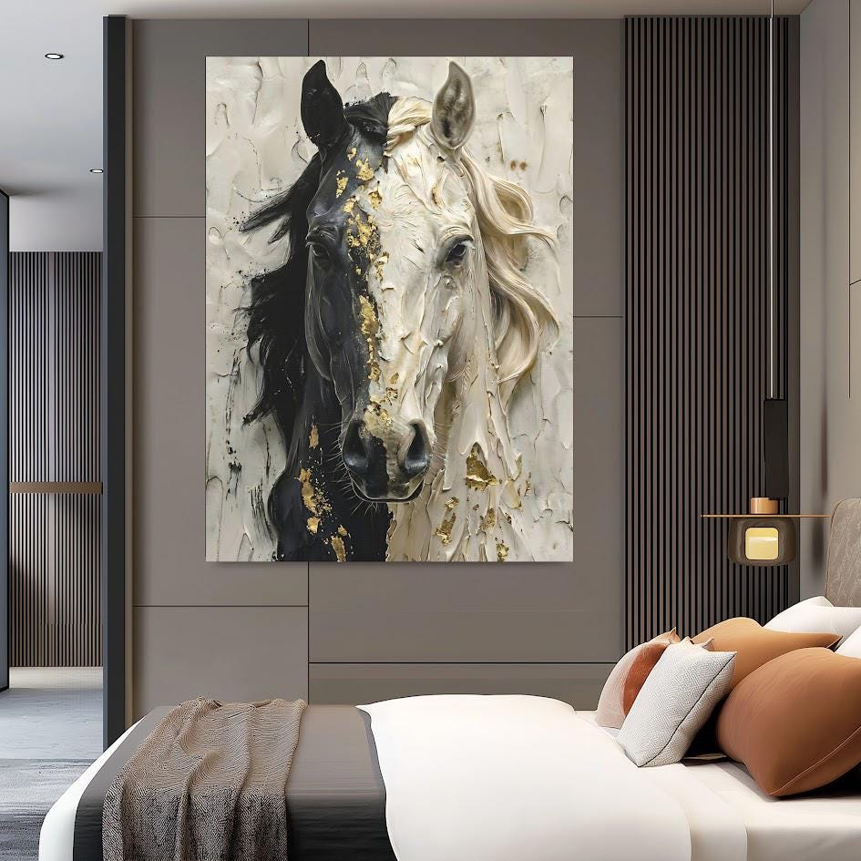 Black and White Horse Canvas Print, Gold Accent Equine Statement Art — Framed Print wall art