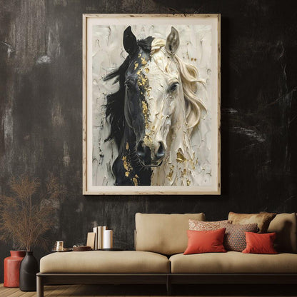 Black and White Horse Canvas Print, Gold Accent Equine Statement Art — Framed Print wall art