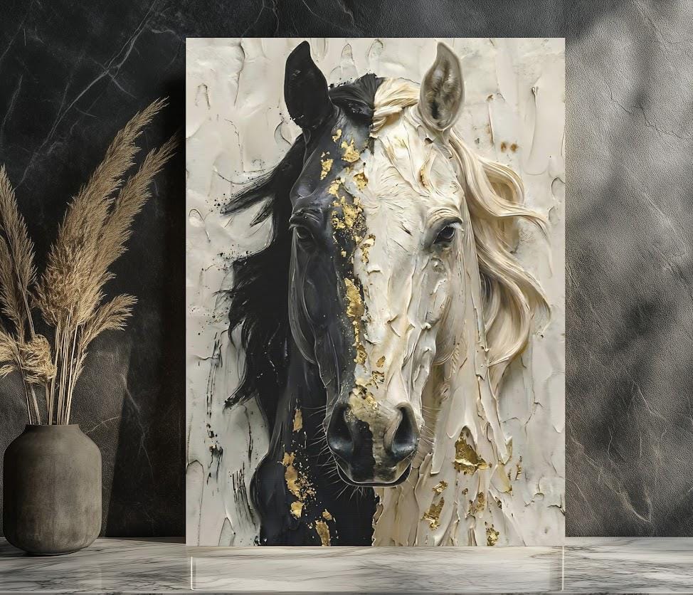 Black and White Horse Canvas Print, Gold Accent Equine Statement Art — Framed Print wall art