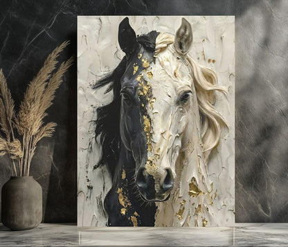 Black and White Horse Canvas Print, Gold Accent Equine Statement Art — Framed Print wall art