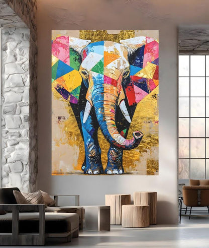 Geometric Elephant Canvas Print, Gold Accent Nursery Art — Framed Print wall art