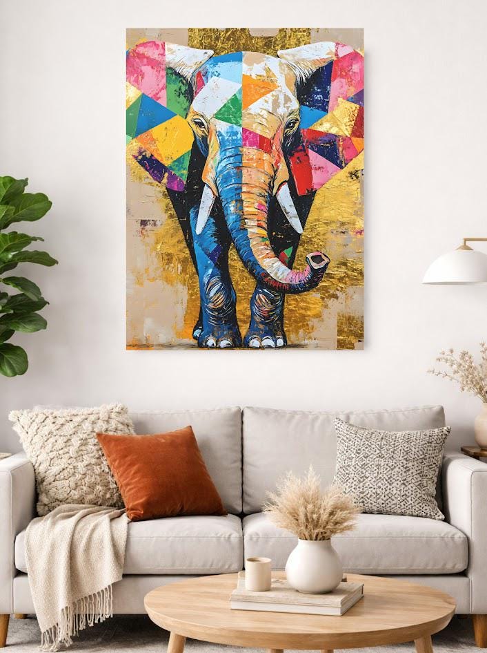 Geometric Elephant Canvas Print, Gold Accent Nursery Art — Framed Print wall art