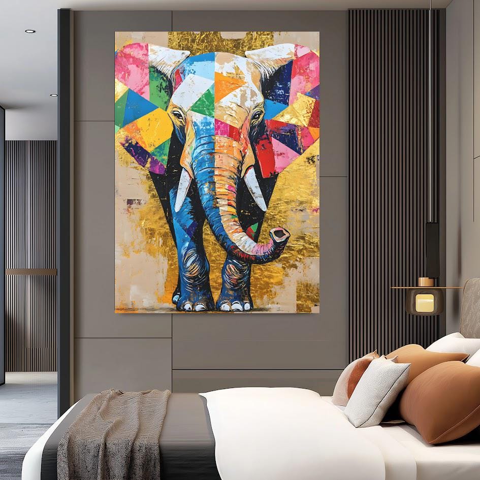 Geometric Elephant Canvas Print, Gold Accent Nursery Art — Framed Print wall art