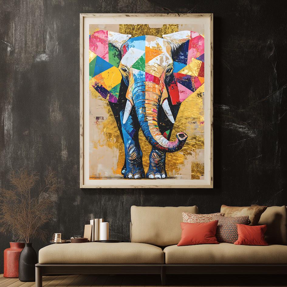 Geometric Elephant Canvas Print, Gold Accent Nursery Art — Framed Print wall art