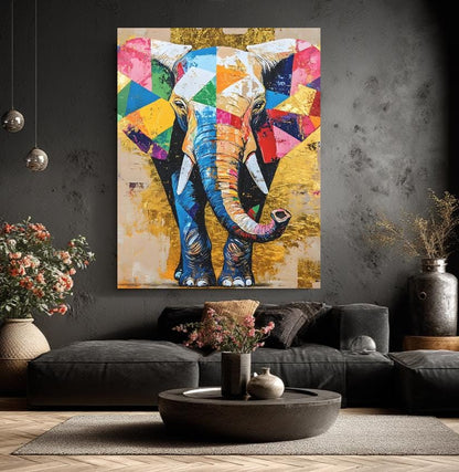 Geometric Elephant Canvas Print, Gold Accent Nursery Art — Framed Print wall art