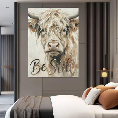 Highland Cow Canvas Print, "Be Still" Quote, Farmhouse Nursery Art, Bible Verses — Framed Print wall art