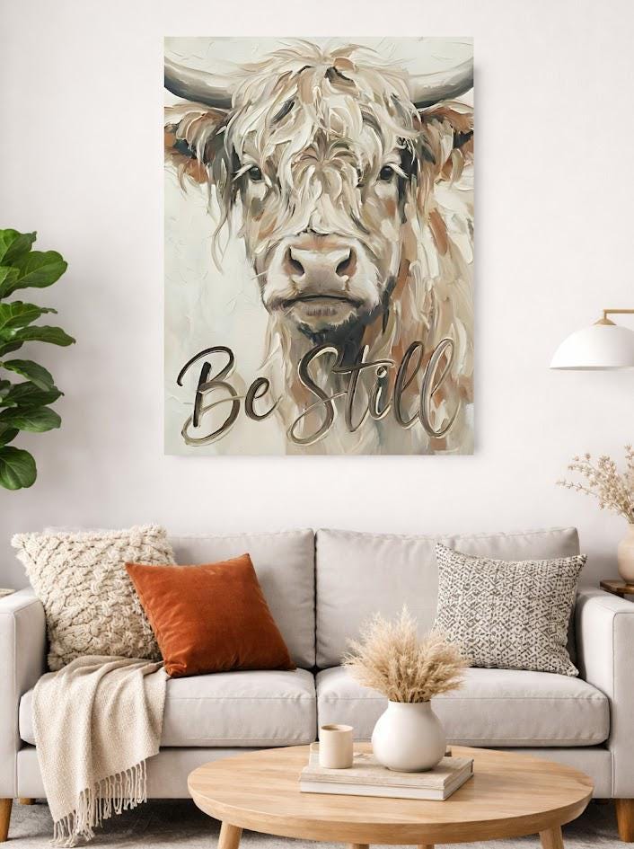 Highland Cow Canvas Print, "Be Still" Quote, Farmhouse Nursery Art, Bible Verses — Framed Print wall art