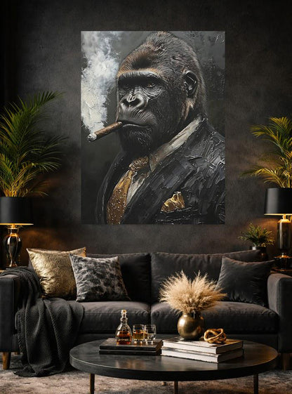 Gorilla in Suit Smoking Cigar Canvas or Poster, Wall Street Hustle Art for Office, Masculine Decor for Man Cave — Framed