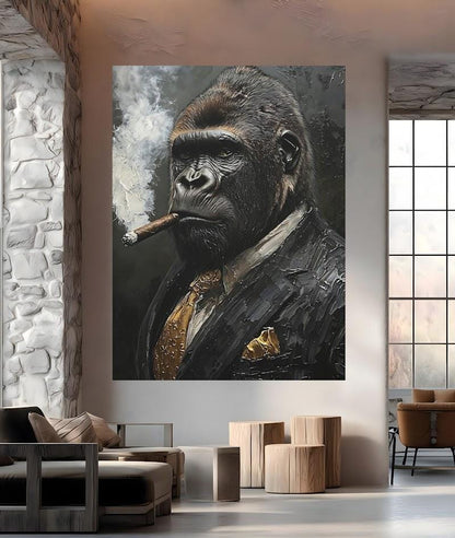 Gorilla in Suit Smoking Cigar Canvas or Poster, Wall Street Hustle Art for Office, Masculine Decor for Man Cave — Framed