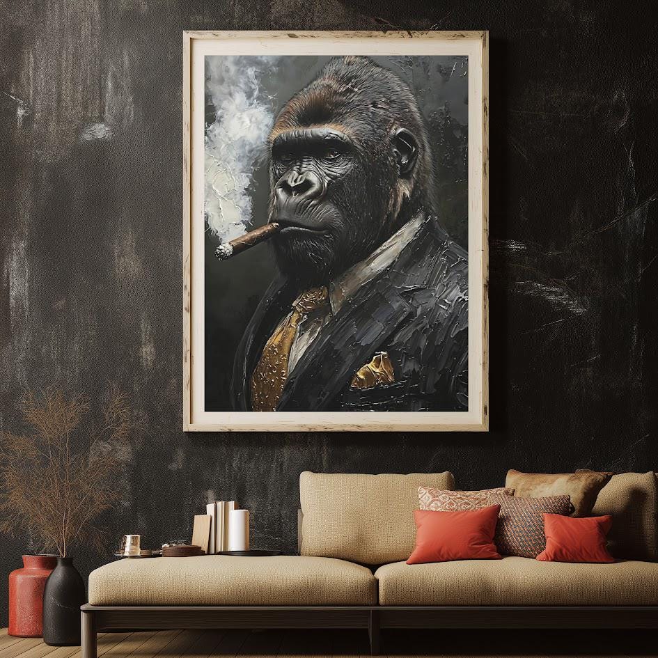Gorilla in Suit Smoking Cigar Canvas or Poster, Wall Street Hustle Art for Office, Masculine Decor for Man Cave — Framed
