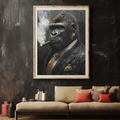 Gorilla in Suit Smoking Cigar Canvas or Poster, Wall Street Hustle Art for Office, Masculine Decor for Man Cave — Framed