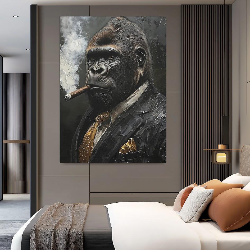 Gorilla in Suit Smoking Cigar Canvas or Poster, Wall Street Hustle Art for Office, Masculine Decor for Man Cave — Framed