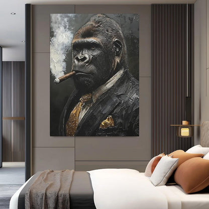 Gorilla in Suit Smoking Cigar Canvas or Poster, Wall Street Hustle Art for Office, Masculine Decor for Man Cave — Framed